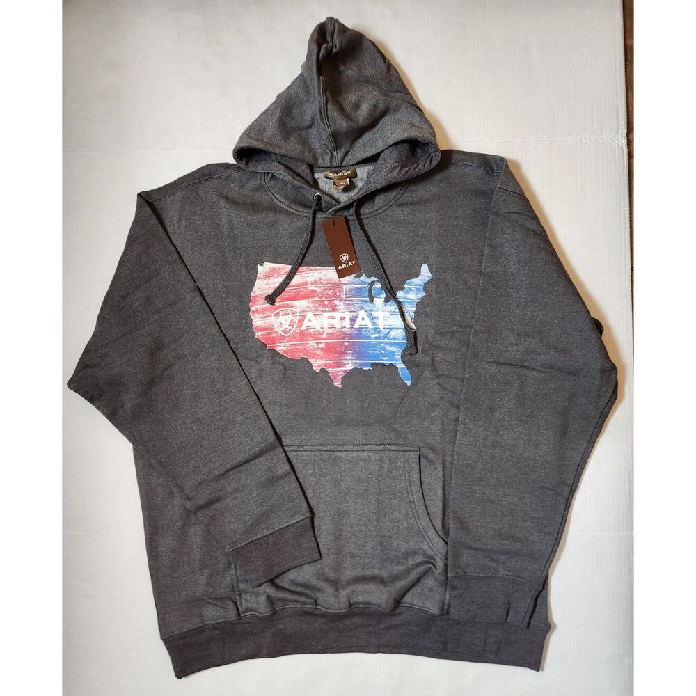 Ariat Men’s XL‑Tall Plank Hood Hoodie Charcoal Heather USA Flag Graphic